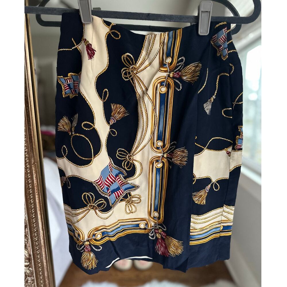 Brooks Brothers Vintage Navy Blue Nautical Print Silk Skirt Size 12/28in waist